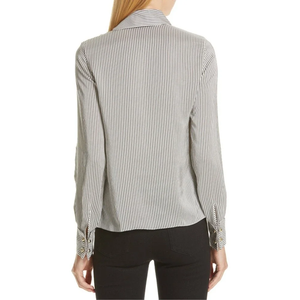 ERDEM Grey White Gold Cuff Link FLORINN Pin-Stripe Satin Blouse 6 US 10 42 38 36 - Picture 2 of 12